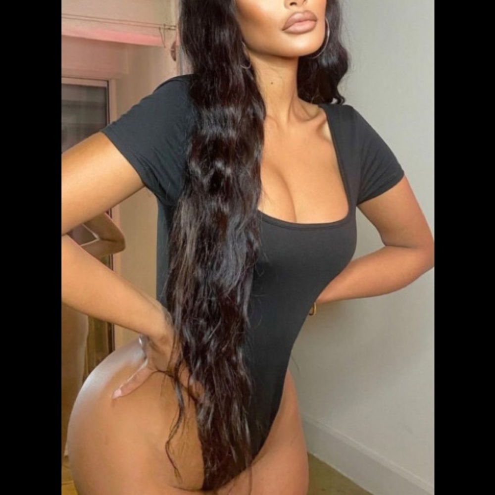 Sexy Black Thigh High Short Sleeve Square Neck T-Shirt  Button Bottom Bodysuit